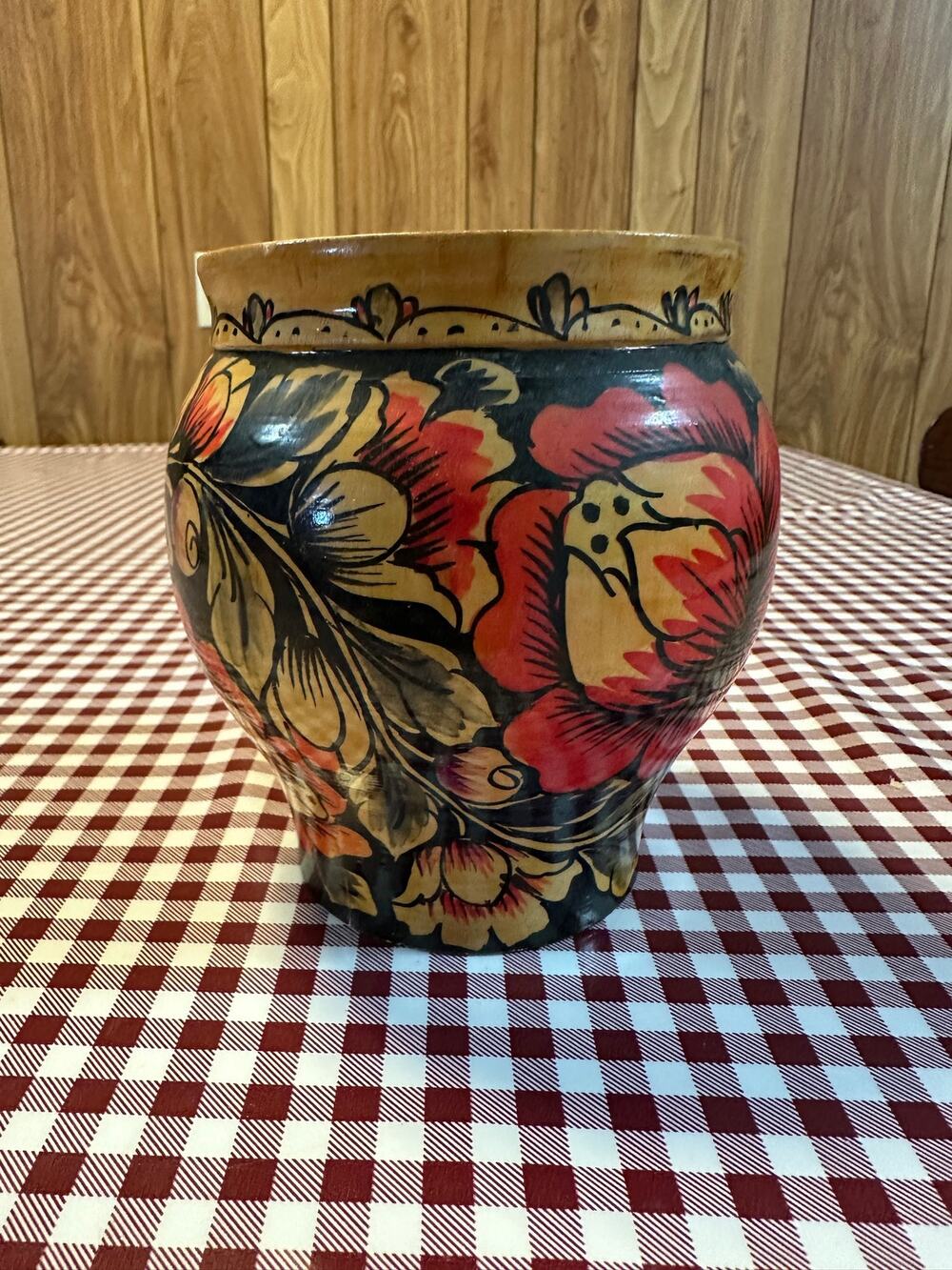 Vtg Russian Khokhloma Hand Painted Wood Vase Pot Soviet Folk Art USSR 5"